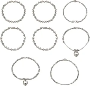 Layered Silver Heart Beaded Bracelets Set for Women Stackable Stretch Beads Bracelets for Her Adjustable Heart Bangle for Women Elastic Round Ball Bracelet for Daughter Friend Birthday Gifts 8 Pcs