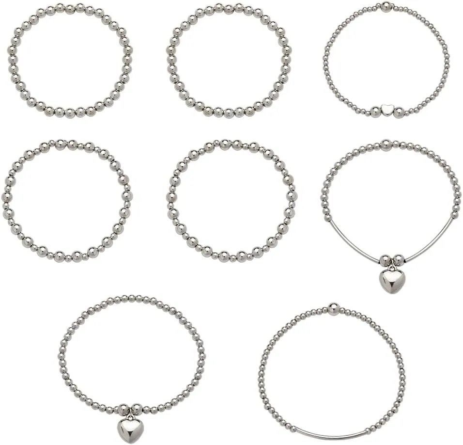 Layered Silver Heart Beaded Bracelets Set for Women Stackable Stretch Beads Bracelets for Her Adjustable Heart Bangle for Women Elastic Round Ball Bracelet for Daughter Friend Birthday Gifts 8 Pcs