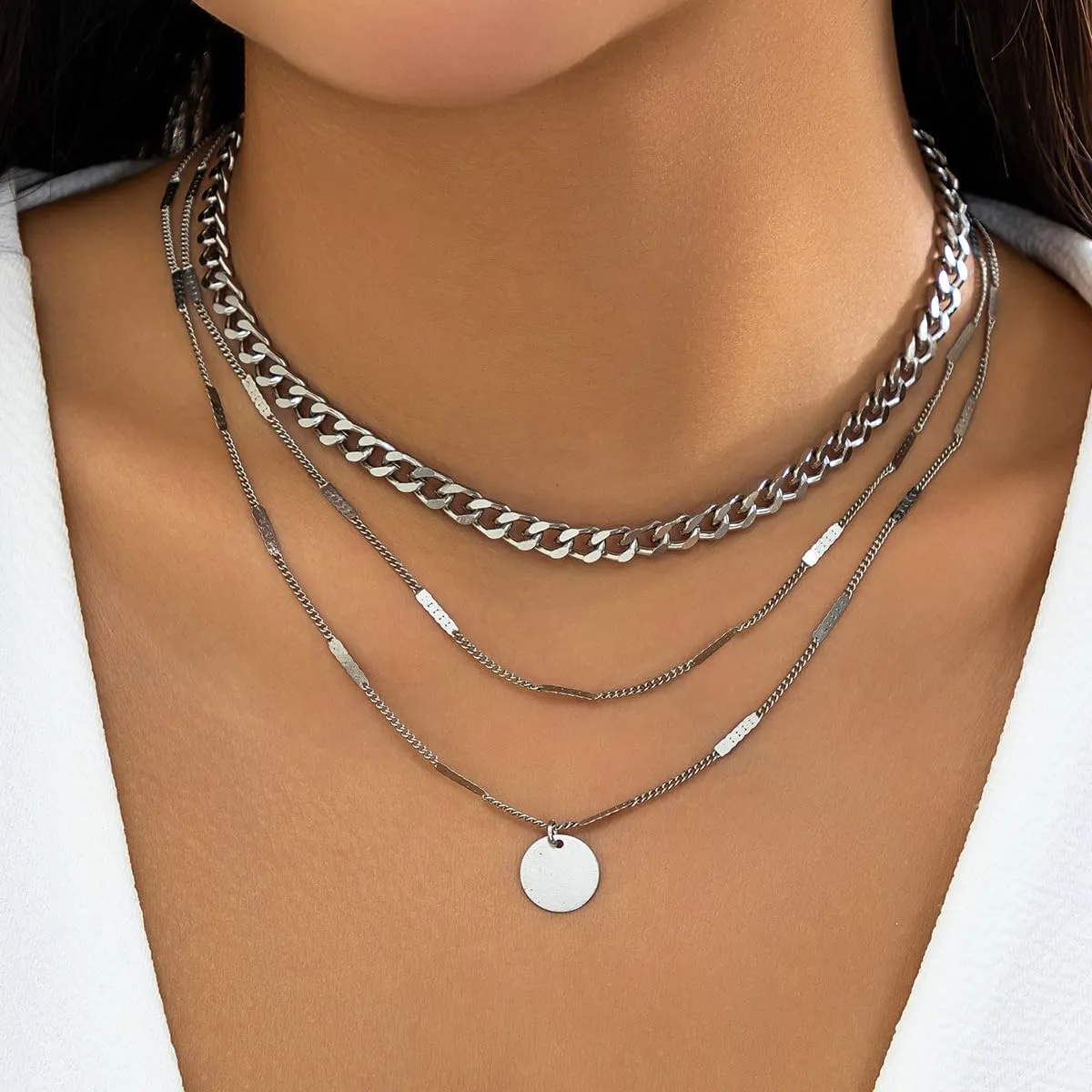 Layered Silver Necklaces for Women Gold Chain Choker Necklaces Trendy Layering Circle Coin Pendant Necklace Set Jewelry