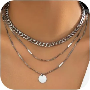 Layered Silver Necklaces for Women Gold Chain Choker Necklaces Trendy Layering Circle Coin Pendant Necklace Set Jewelry