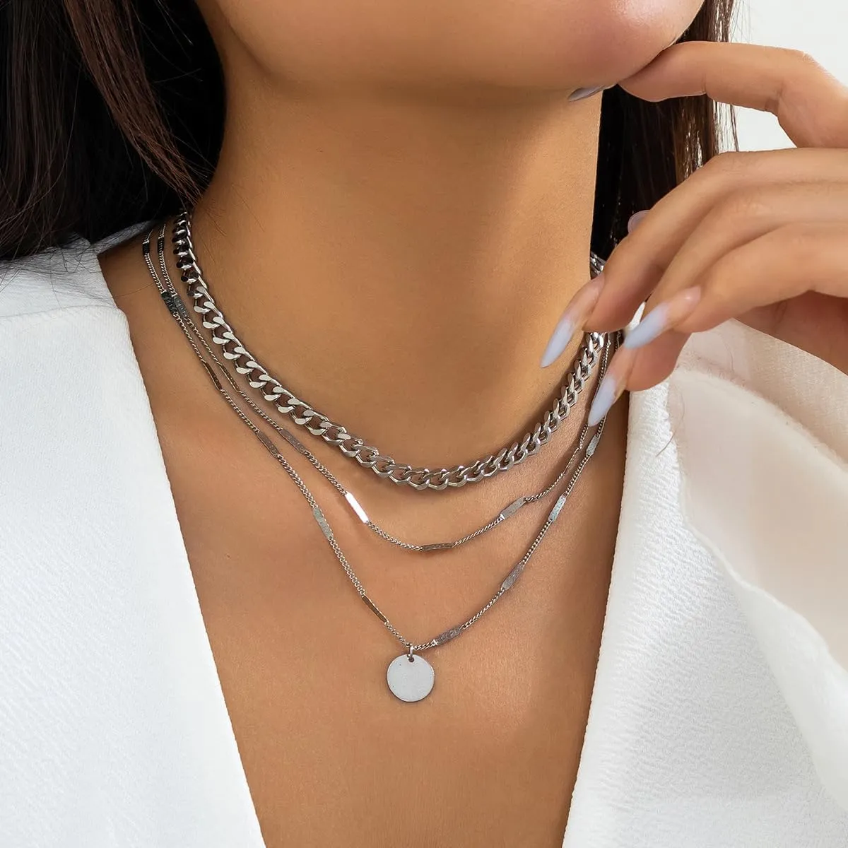 Layered Silver Necklaces for Women Gold Chain Choker Necklaces Trendy Layering Circle Coin Pendant Necklace Set Jewelry