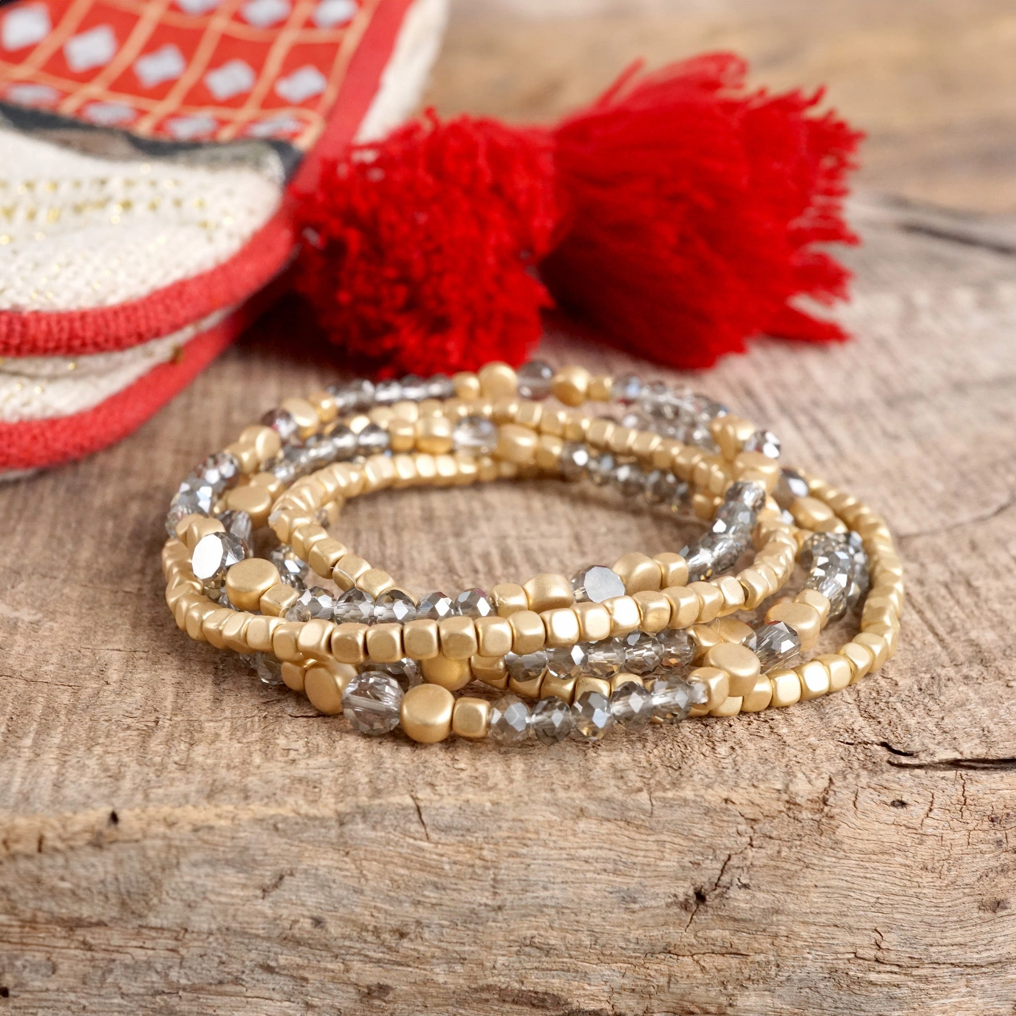 Sudden Sensation Historical Perspective Layered Crystal Glass and Gold Beaded Fall Bracelets Sets