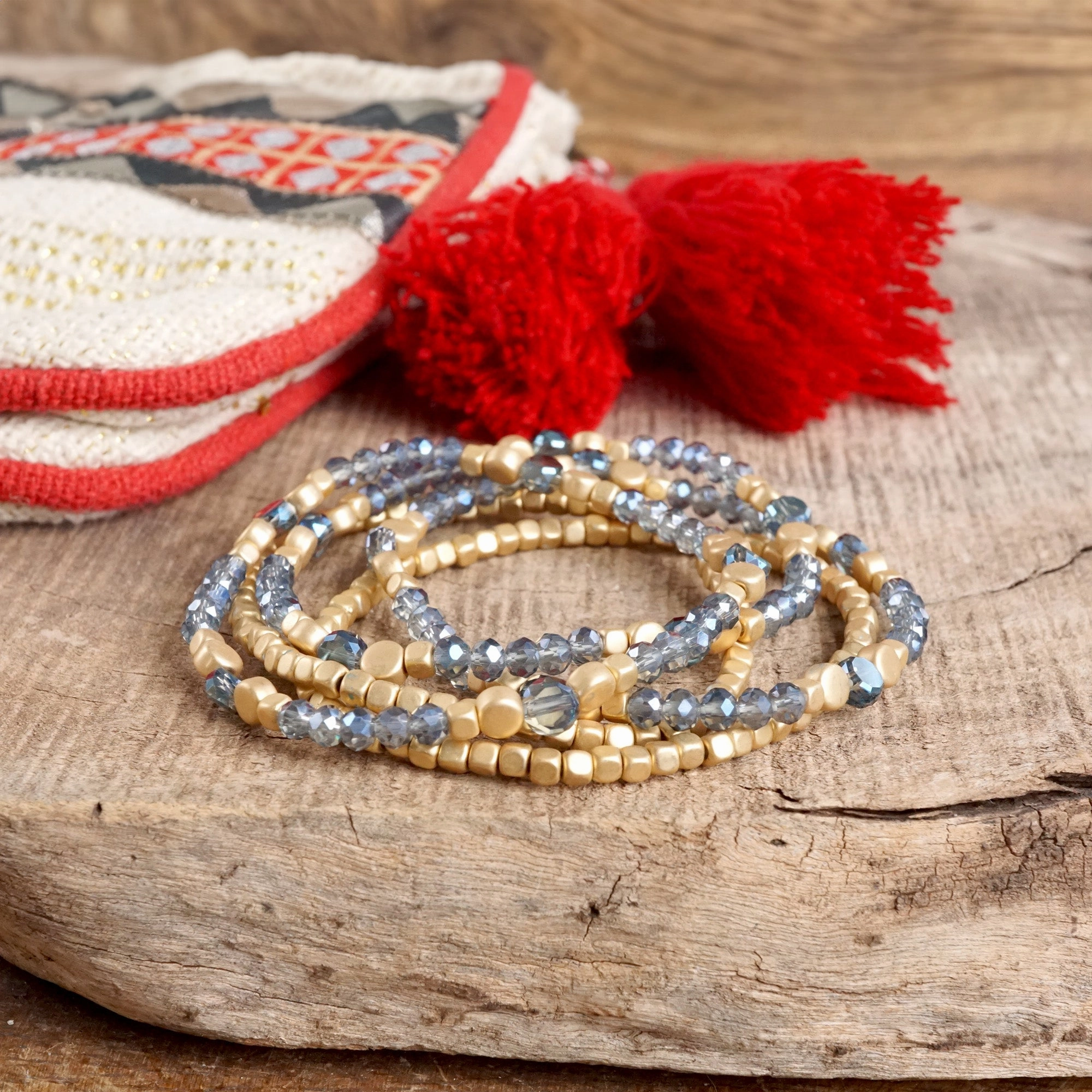 Layered Crystal Glass and Gold Beaded Fall Bracelets Sets Contemporary Classic