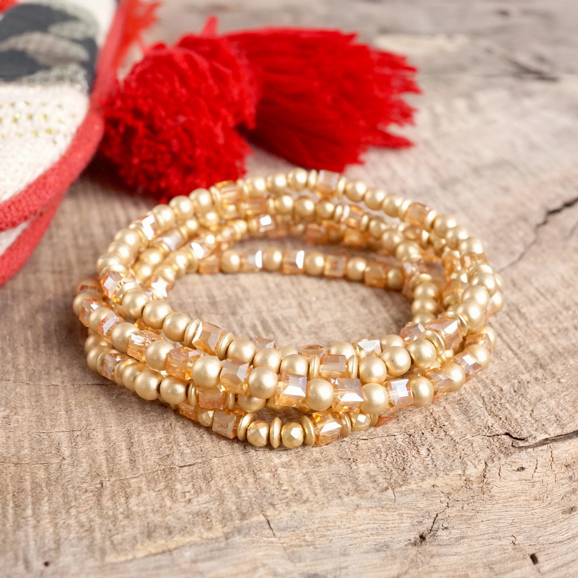 Hemispheric Combinations easy to layer Layered Fall Glass and Gold Beaded Bracelets Sets