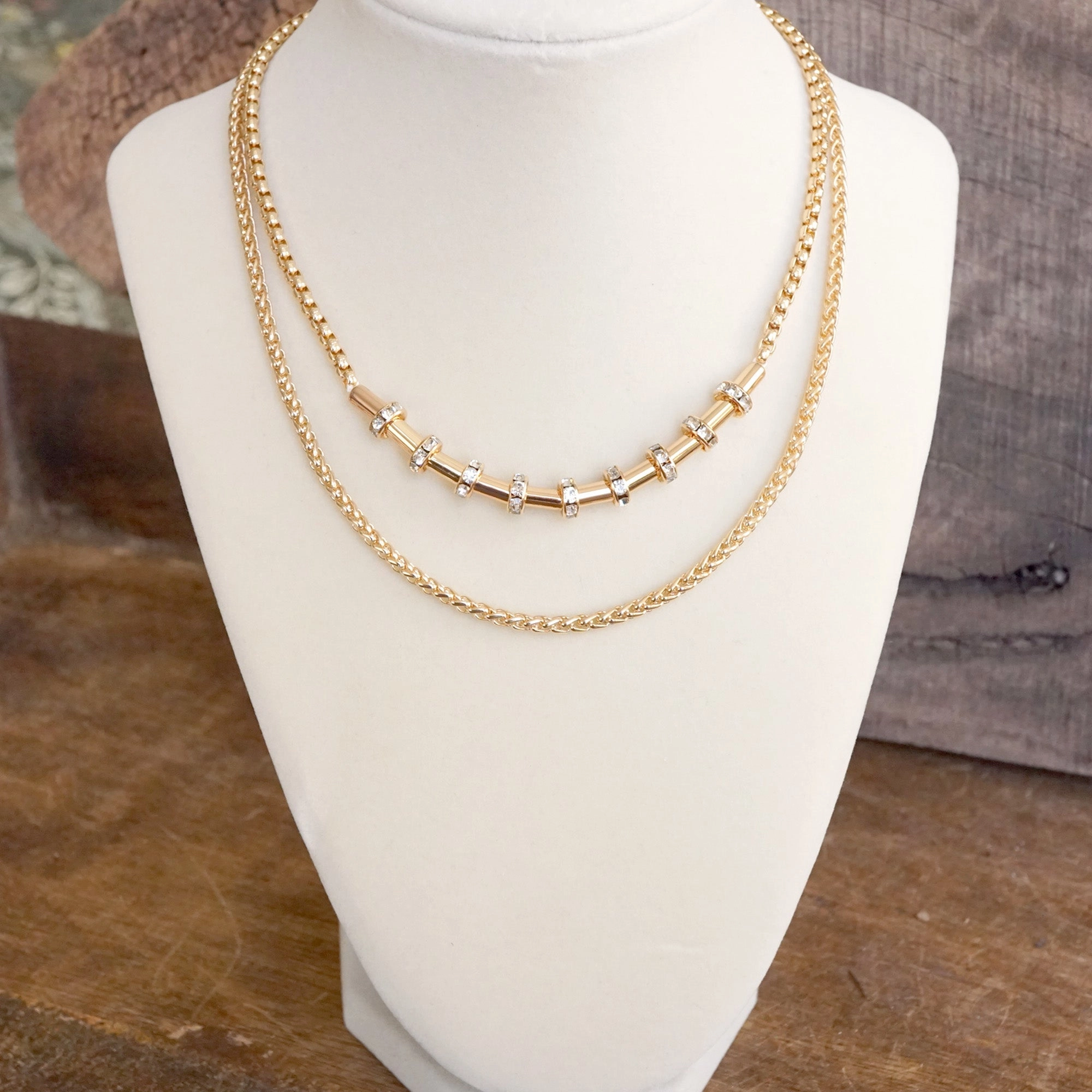 Layered Gold Chain Necklace with Cylinder and Crystal Accents Student Life