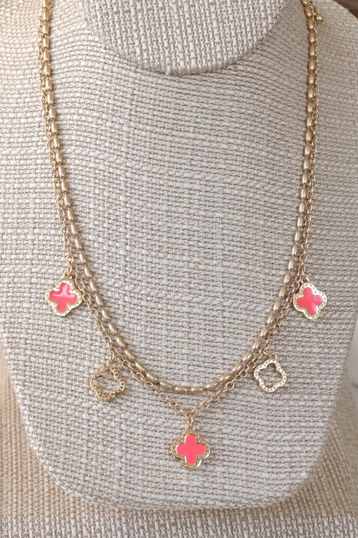 Layered gold tone short Clover necklace pendant Pink White Turquoise Black Value Gift Ethical Item