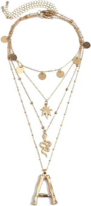 Layering Necklace Dainty, Cubic Zirconia Layer Necklaces for Women 4 Layer White Cubic Zirconia Maple Leaf Alphabet Multilayer Chain Design Jewlwry