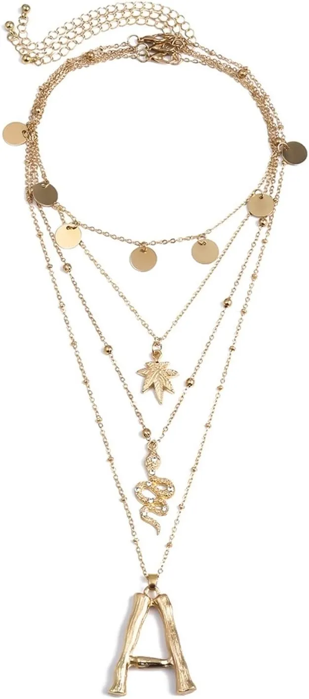 Layering Necklace Dainty, Cubic Zirconia Layer Necklaces for Women 4 Layer White Cubic Zirconia Maple Leaf Alphabet Multilayer Chain Design Jewlwry