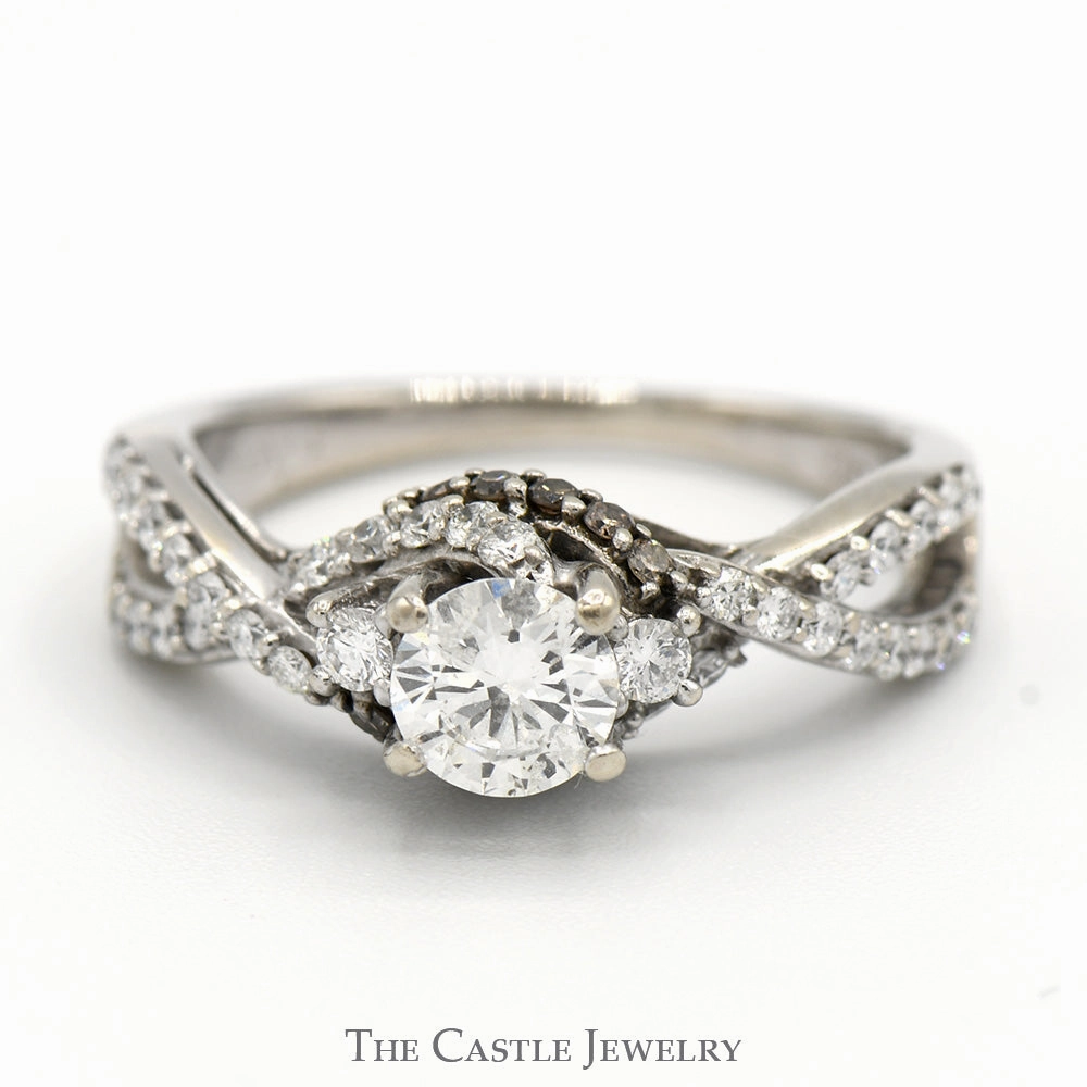 Vintage design Le Vian 1cttw Round Diamond Solitaire Engagement Ring with Chocolate and White Diamond Accents in 14k White Gold