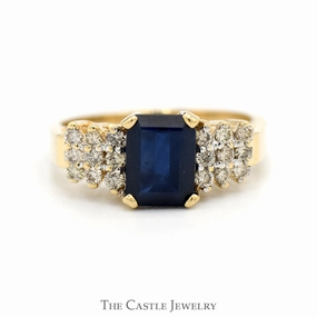 Fine Work Artisan Detail Le Vian 2ct Emerald Cut Sapphire Designer Ring with Diamond Accented Sides in 14k Yellow Gold