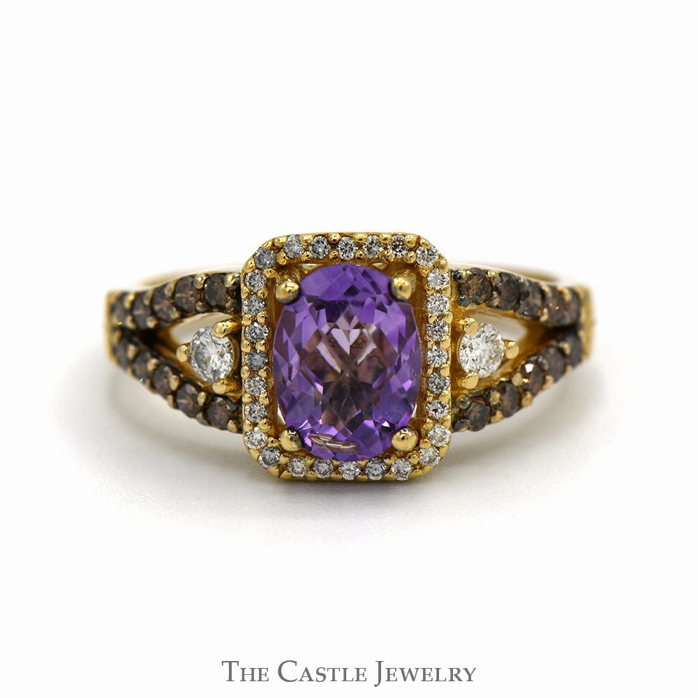 Le Vian Oval Amethyst Designer Ring with Diamond Halo and Chocolate Diamond Sides in 14k Yellow Gold Contemporary Creation