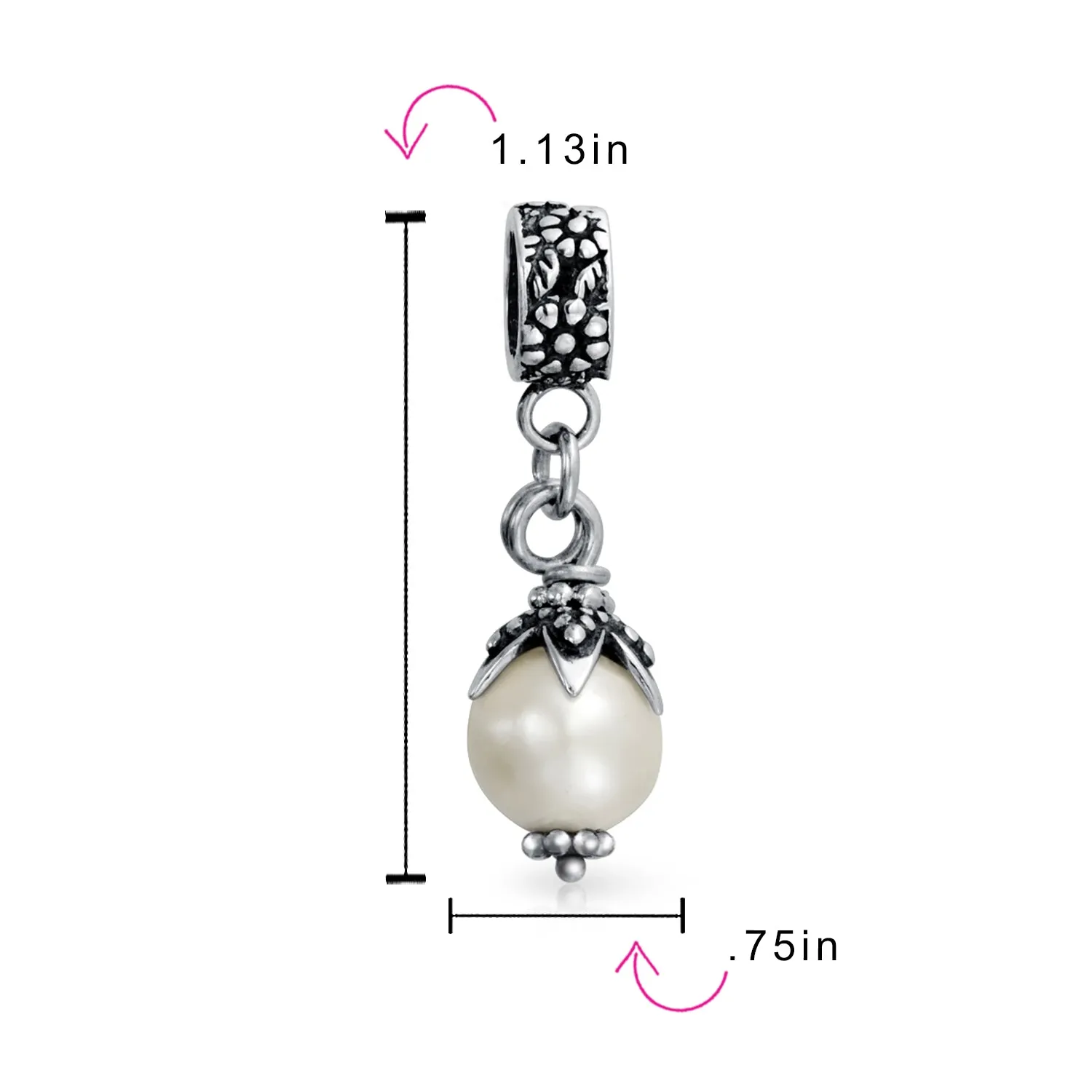 Leaf Cap Pearl Dangle Charm Bead in Sterling Silver for European Bracelets