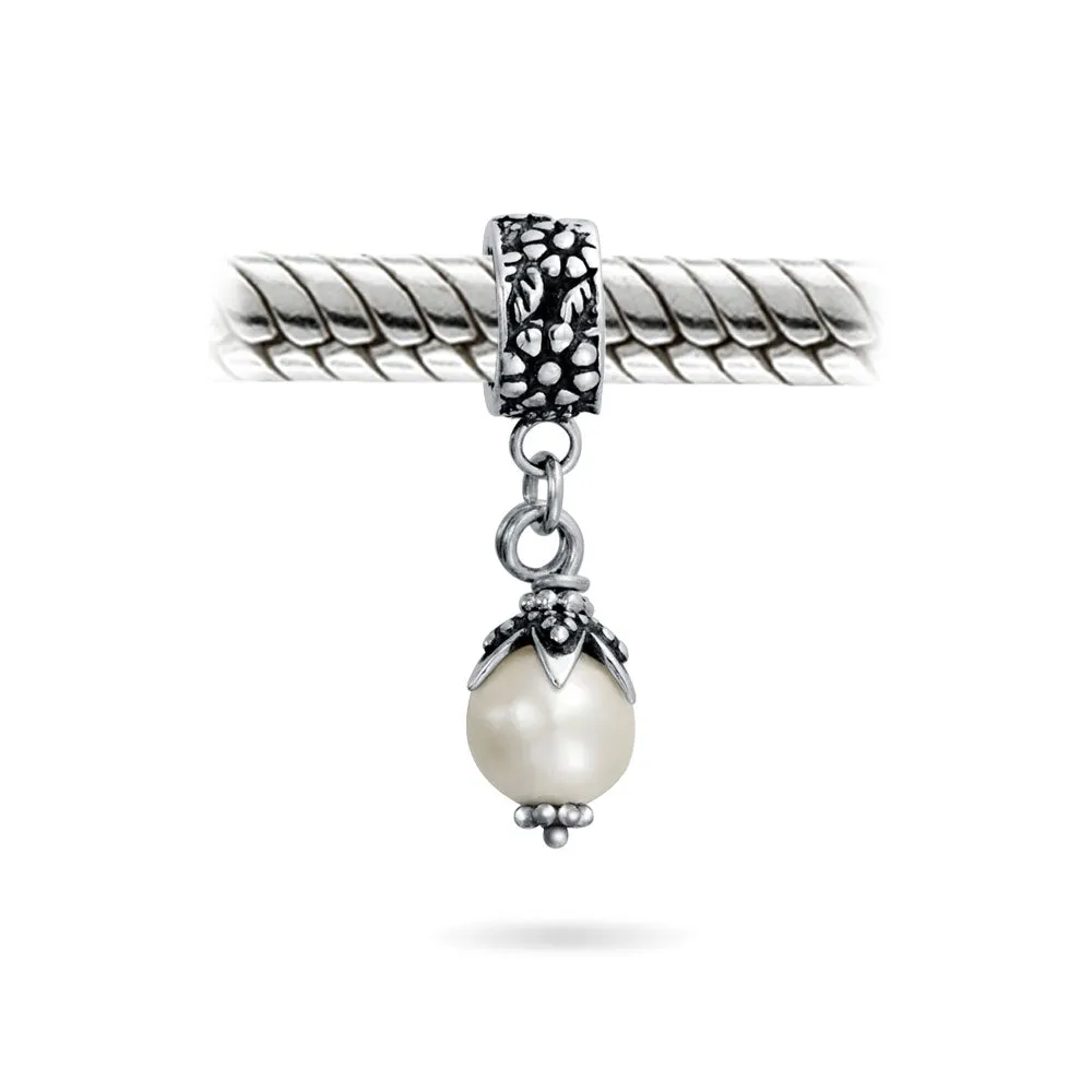 Leaf Cap Pearl Dangle Charm Bead in Sterling Silver for European Bracelets
