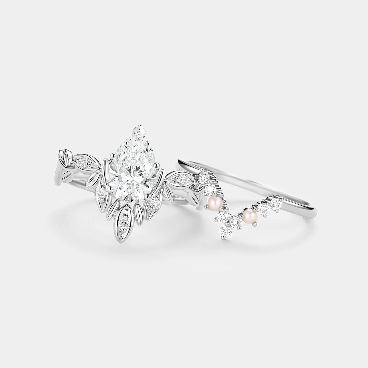 Leafy Cut Pear Lab Grown Diamond & Pearl Ring Set 2pcs Layered Touch Exquisite Stones