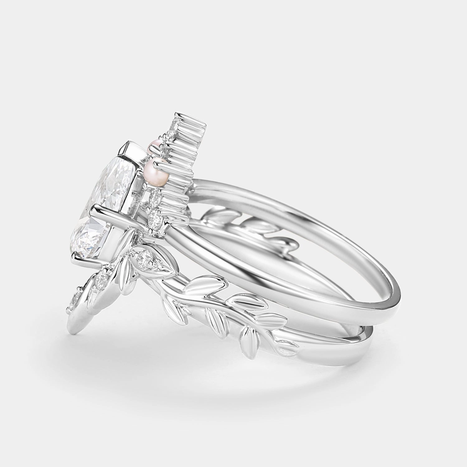 Luminous Edge Leafy Cut Pear Lab Grown Diamond & Pearl Ring Set 2pcs