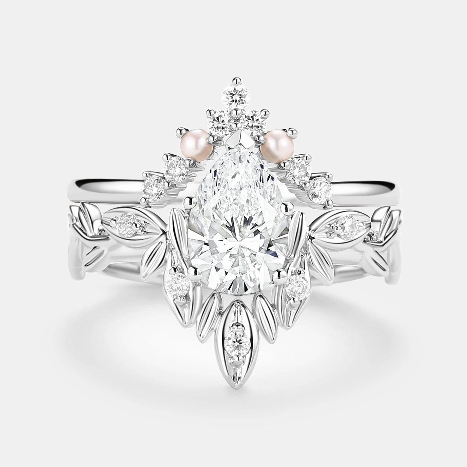 Leafy Cut Pear Lab Grown Diamond & Pearl Ring Set 2pcs Radiant Pieces