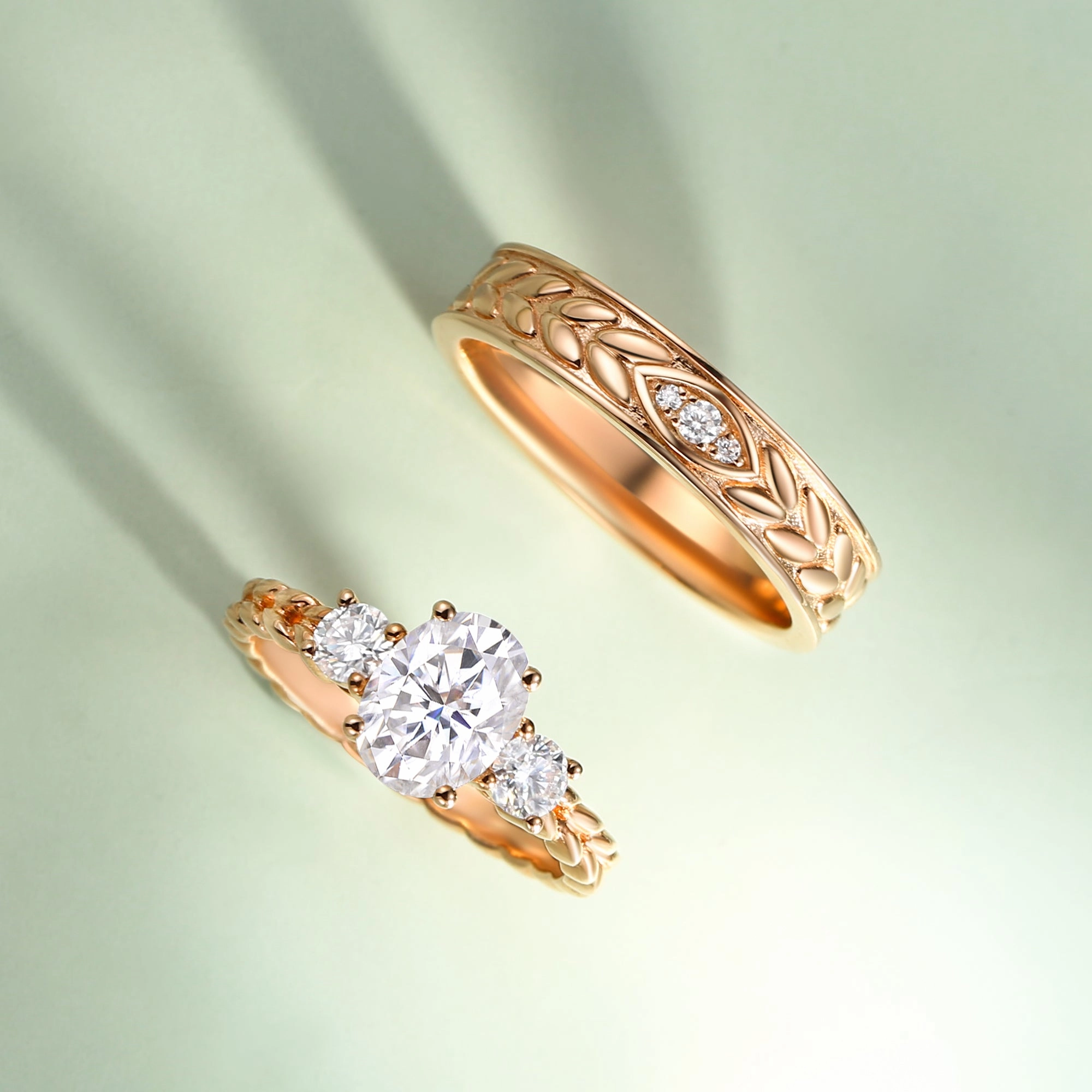 Leafy Engraved Moissanite Couple Ring Set 2pcs - Lumina Stylish Look Elegant Occasion