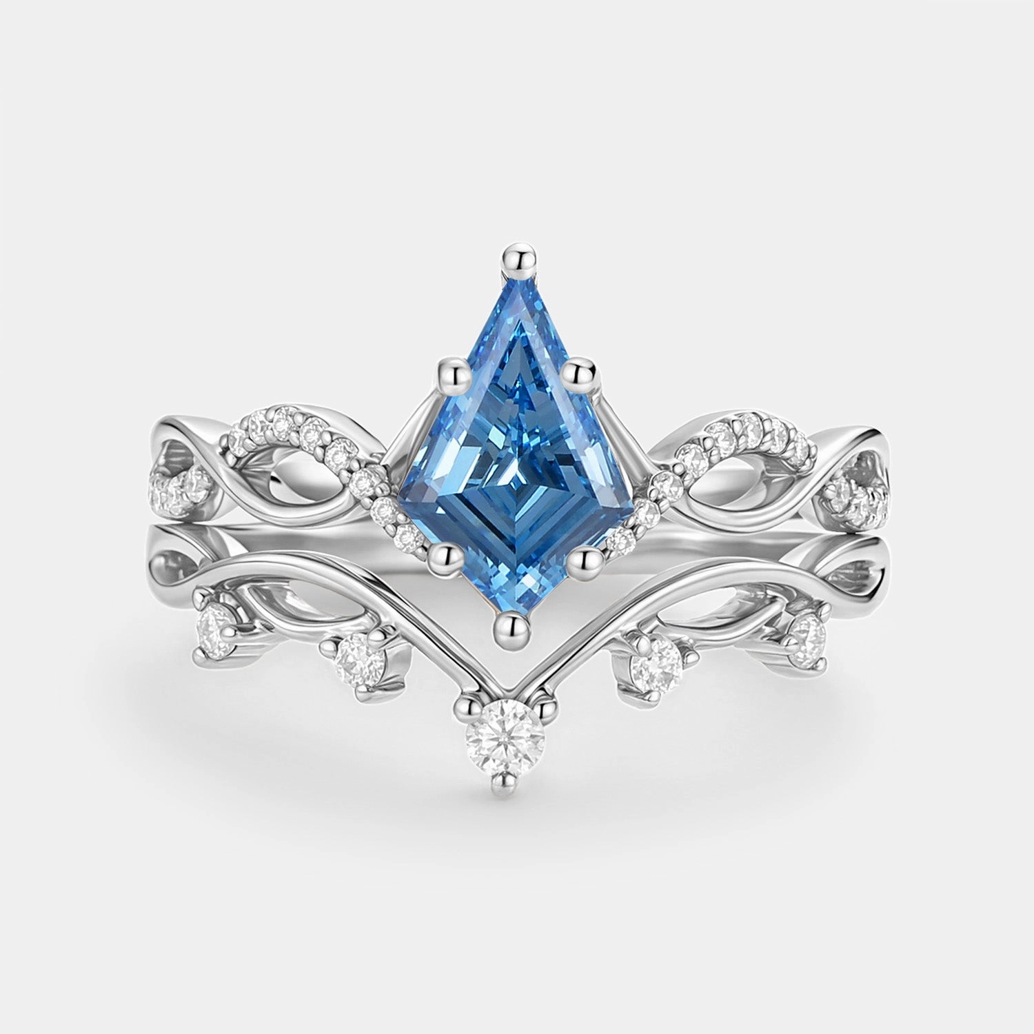 Daily Essential Glamorous look Leafy Kite Blue Lab Grown Diamond Ring Set 2pcs - Phyllon