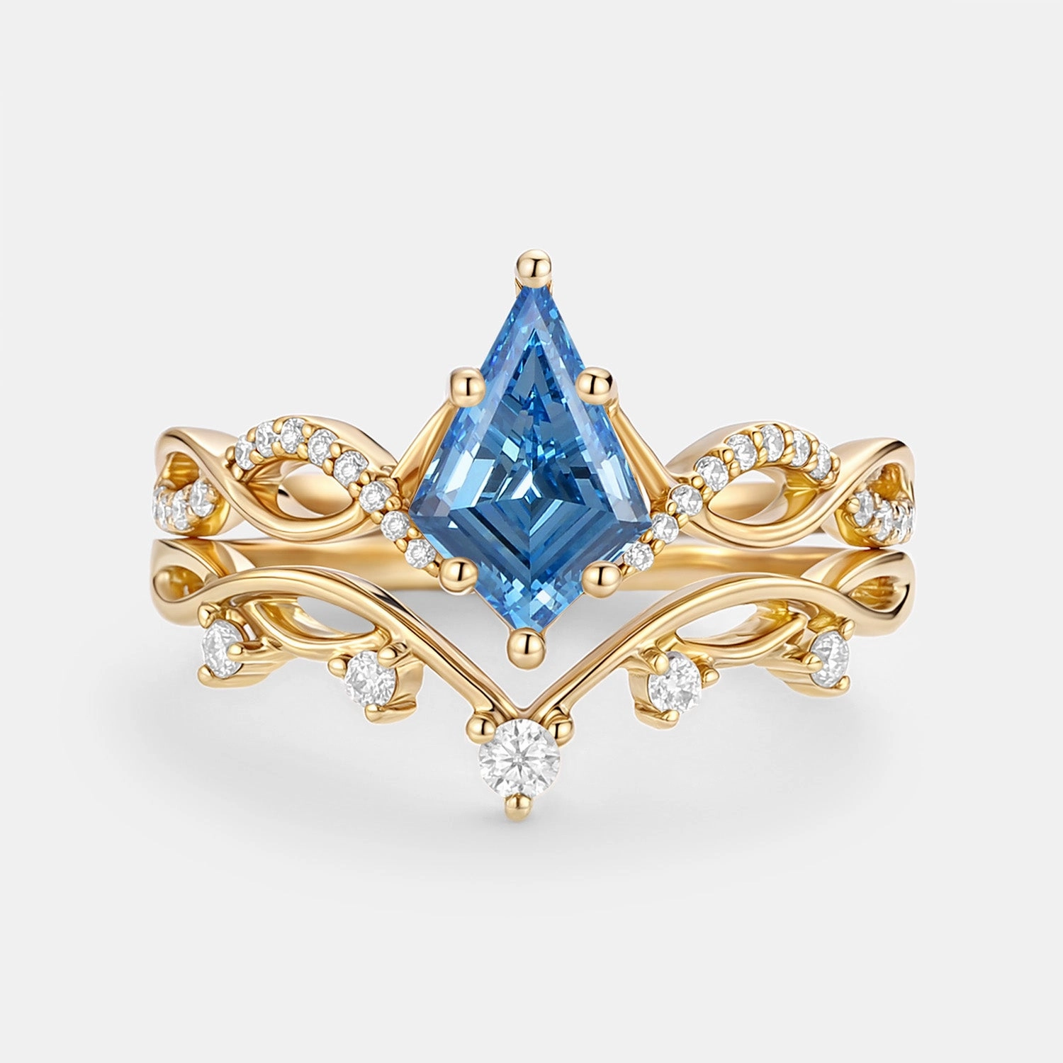 Glistening Look Flawless Radiance Leafy Kite Blue Lab Grown Diamond Ring Set 2pcs - Phyllon