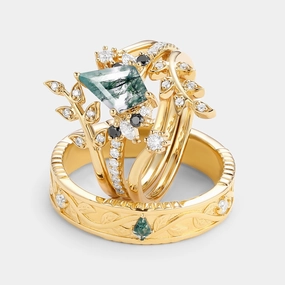 Soft Match Leafy Kite Cut Moss Agate & Black Moissanite Couple Ring Set 4pcs