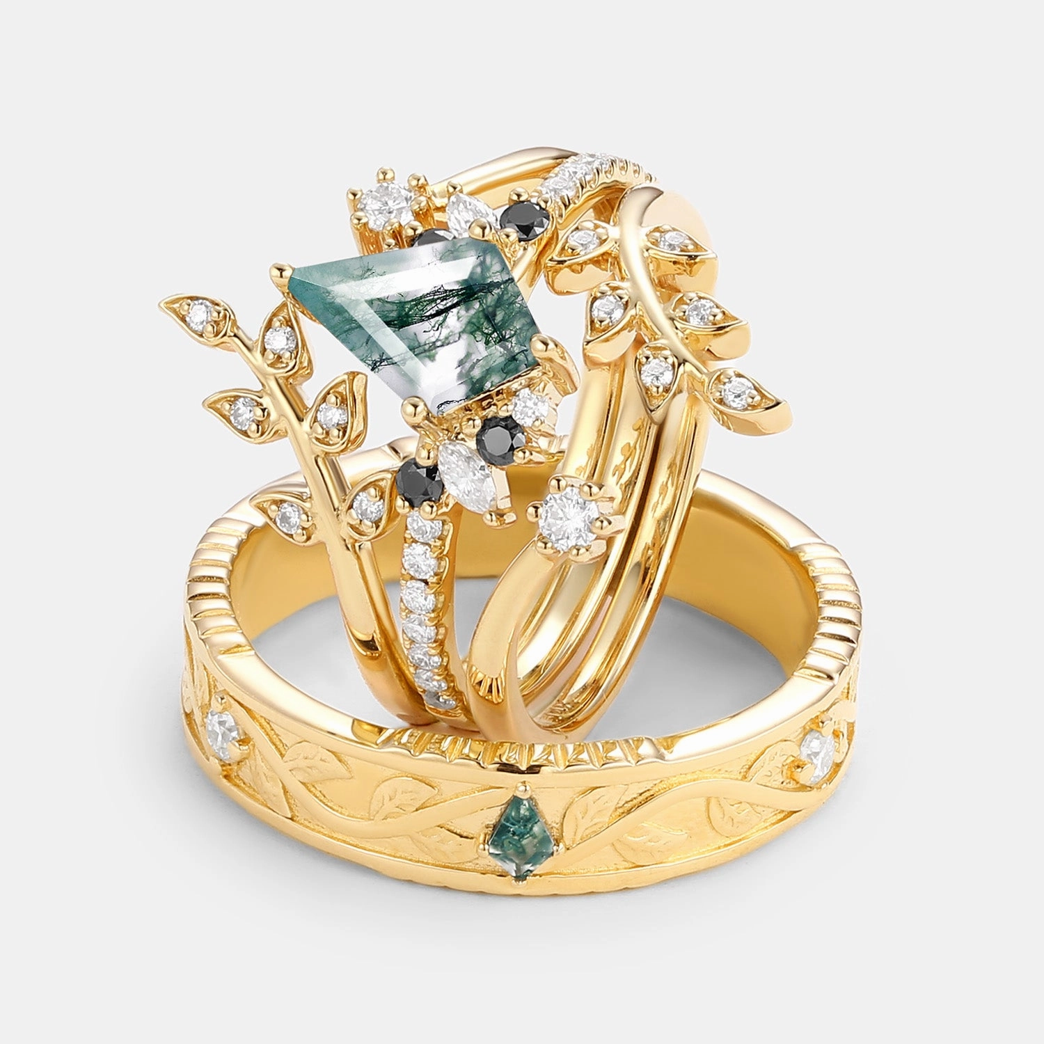 Soft Match Leafy Kite Cut Moss Agate & Black Moissanite Couple Ring Set 4pcs