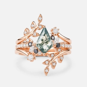 Bold Finish Leafy Kite Cut Moss Agate & Black Moissanite Engagement Ring Set 3pcs