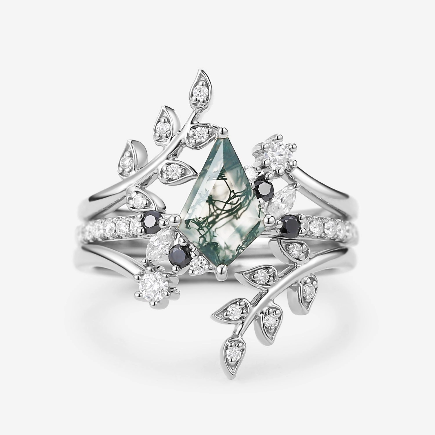 Model Shot Leafy Kite Cut Moss Agate & Black Moissanite Engagement Ring Set 3pcs