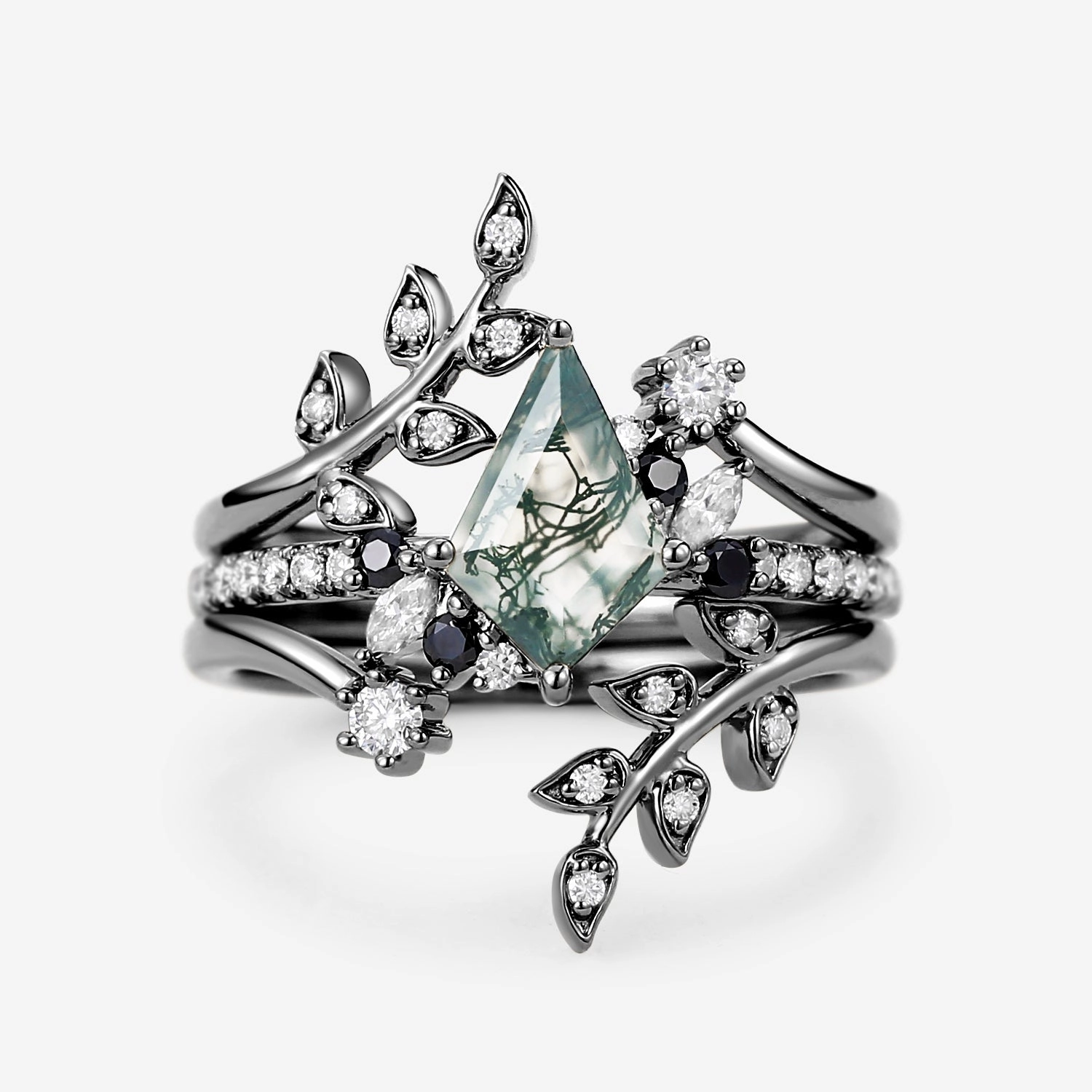 Delicate Craft Glam Finish Leafy Kite Cut Moss Agate & Black Moissanite Engagement Ring Set 3pcs