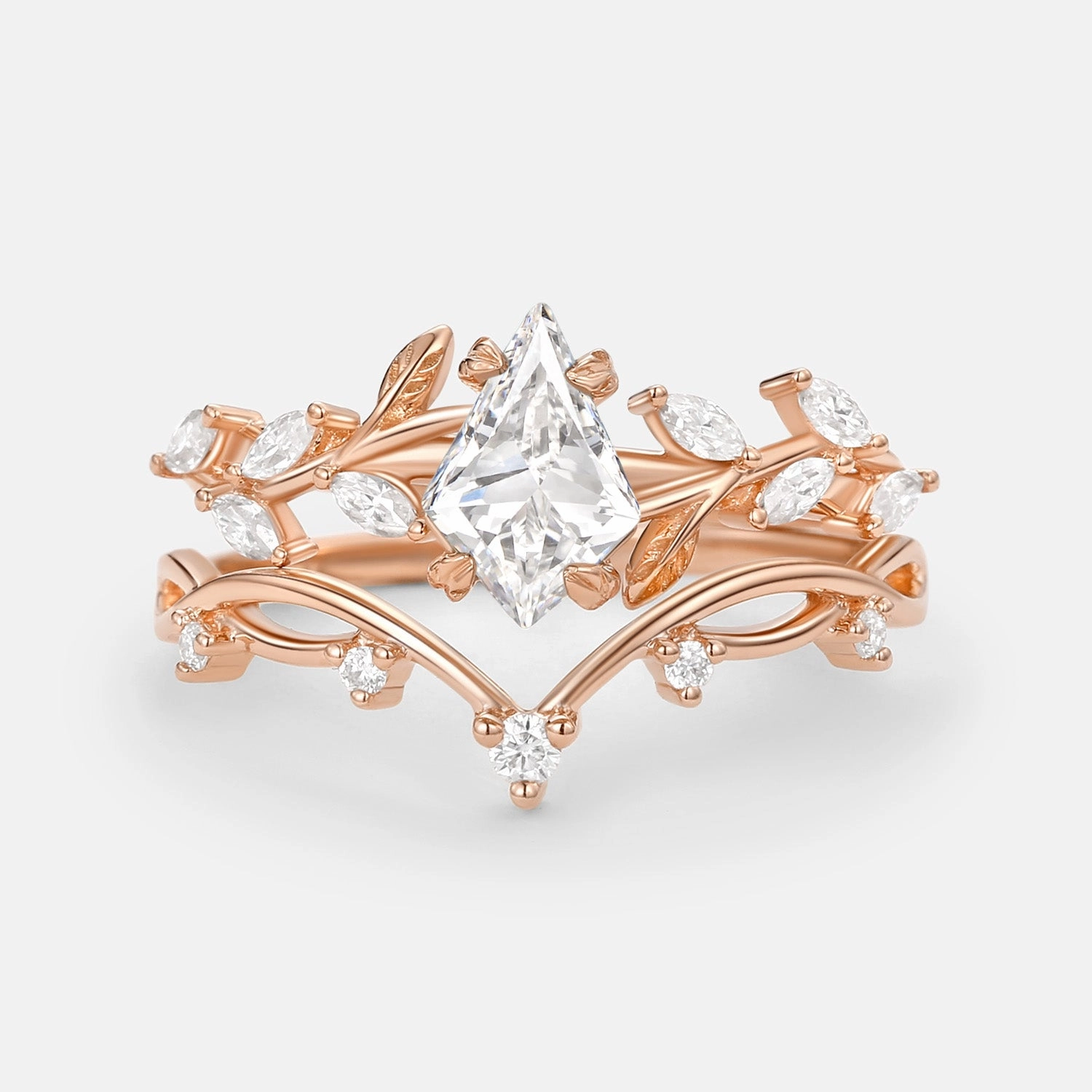 Fashion Jewelry Leafy Kite Lab Grown Diamond Engagement Ring Set 2pcs- Clover