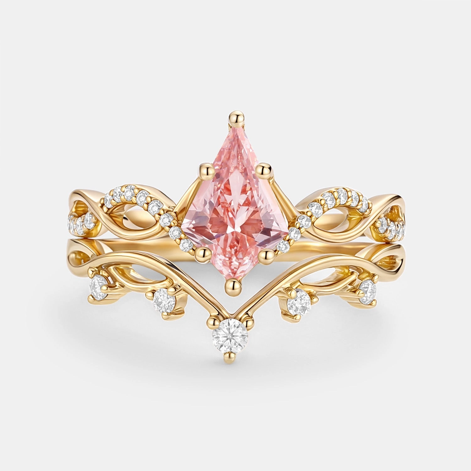 Seasonal Finish Leafy Kite Pink Lab Grown Diamond Ring Set 2pcs - Phyllon