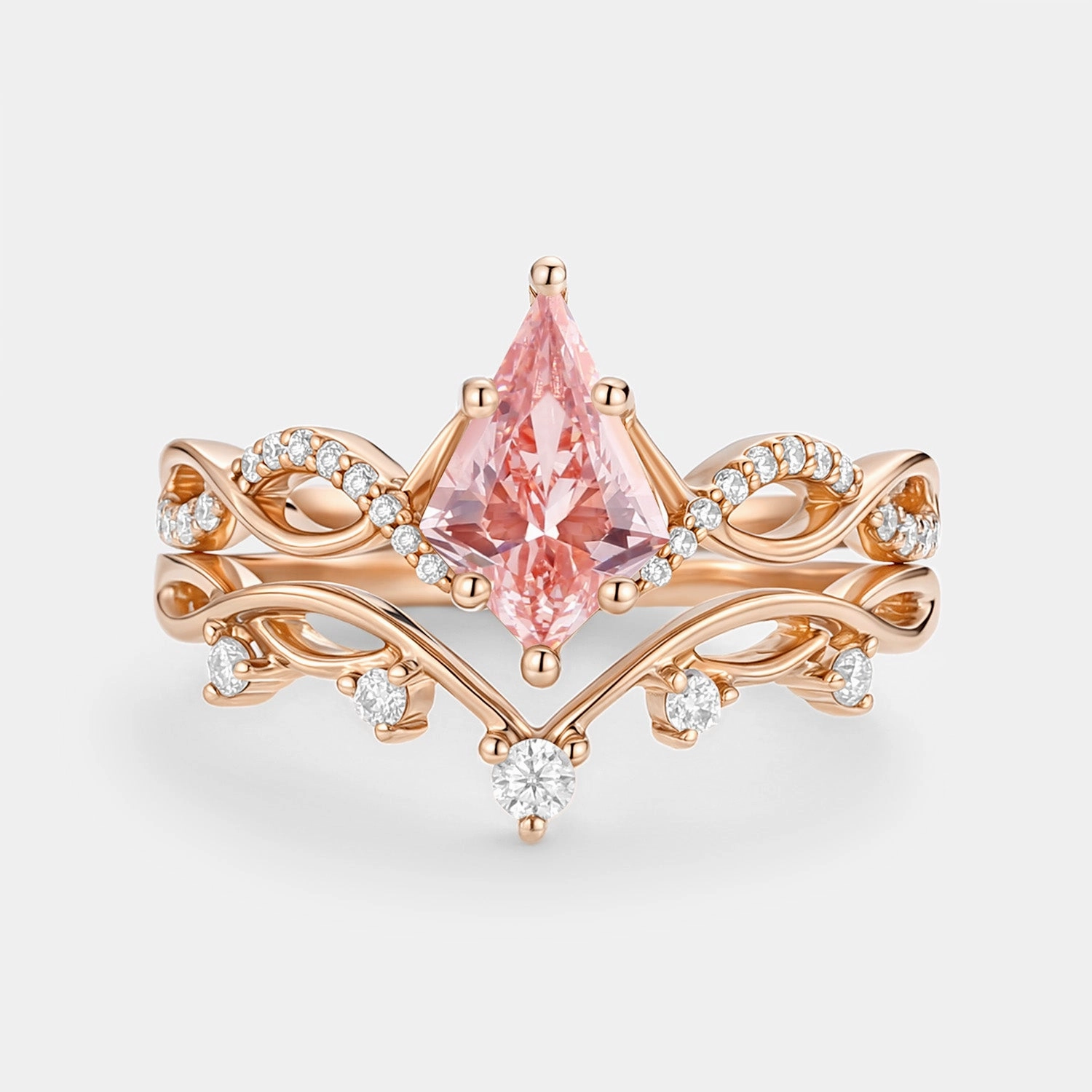 Holiday Party Leafy Kite Pink Lab Grown Diamond Ring Set 2pcs - Phyllon