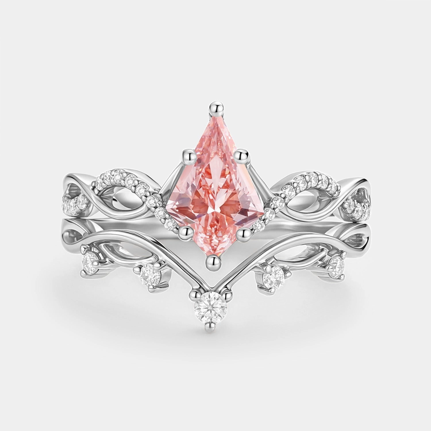 Sleek Design Exquisite Edge Leafy Kite Pink Lab Grown Diamond Ring Set 2pcs - Phyllon