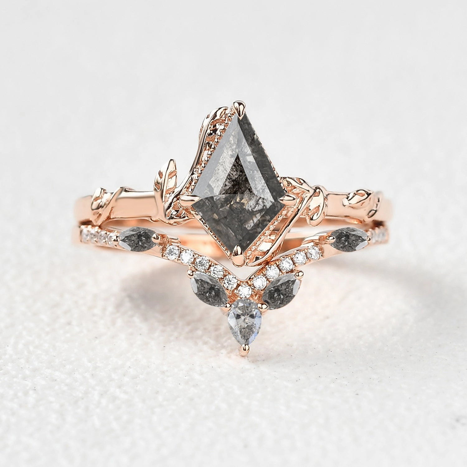 Leafy Kite Salt and Pepper Diamonds Engagement Ring Set 2pcs - Lark Unique Shape muted tone