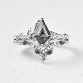 Leafy Kite Salt and Pepper Diamonds Engagement Ring Set 2pcs - Lark Shiny Radiance Glossy Vibe