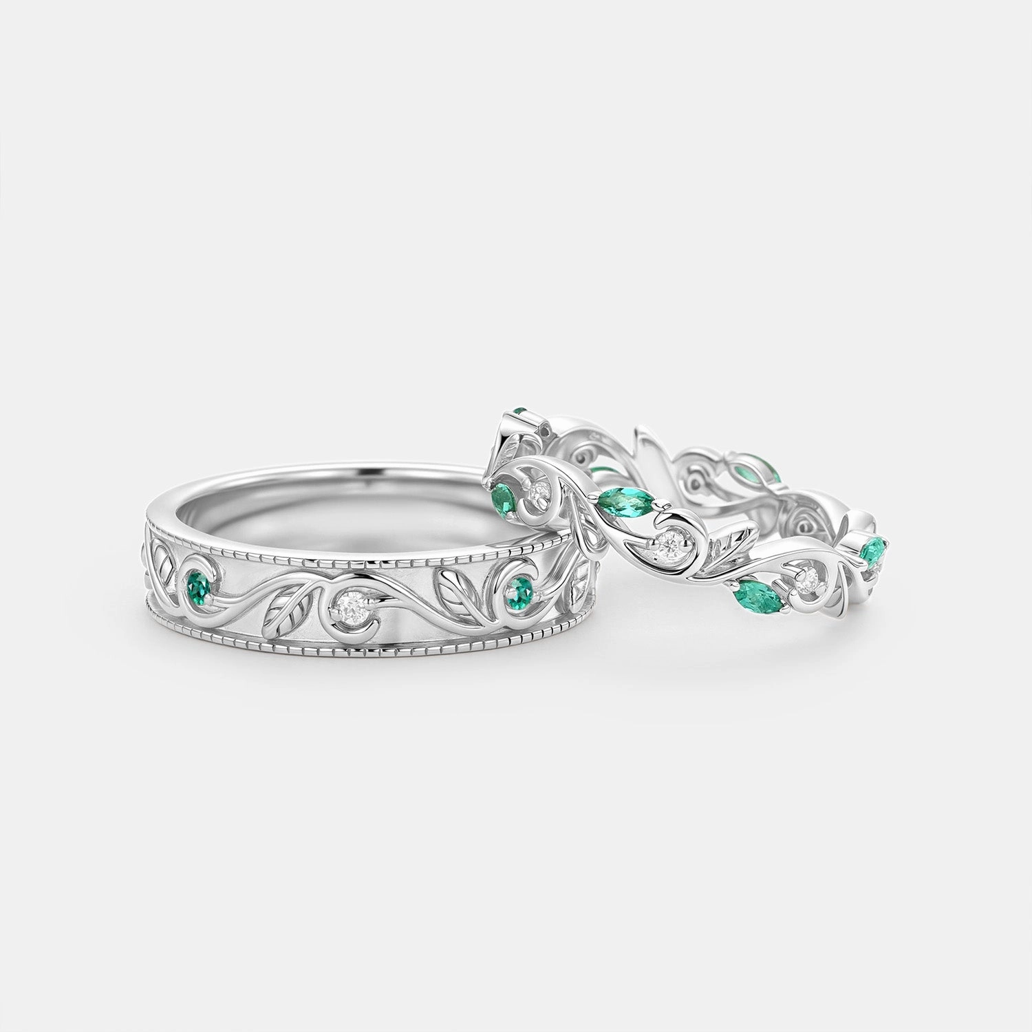 Leafy Moissanite & Lab Emerald Couple Ring Set 2pcs - Lila Seasonal Pairing