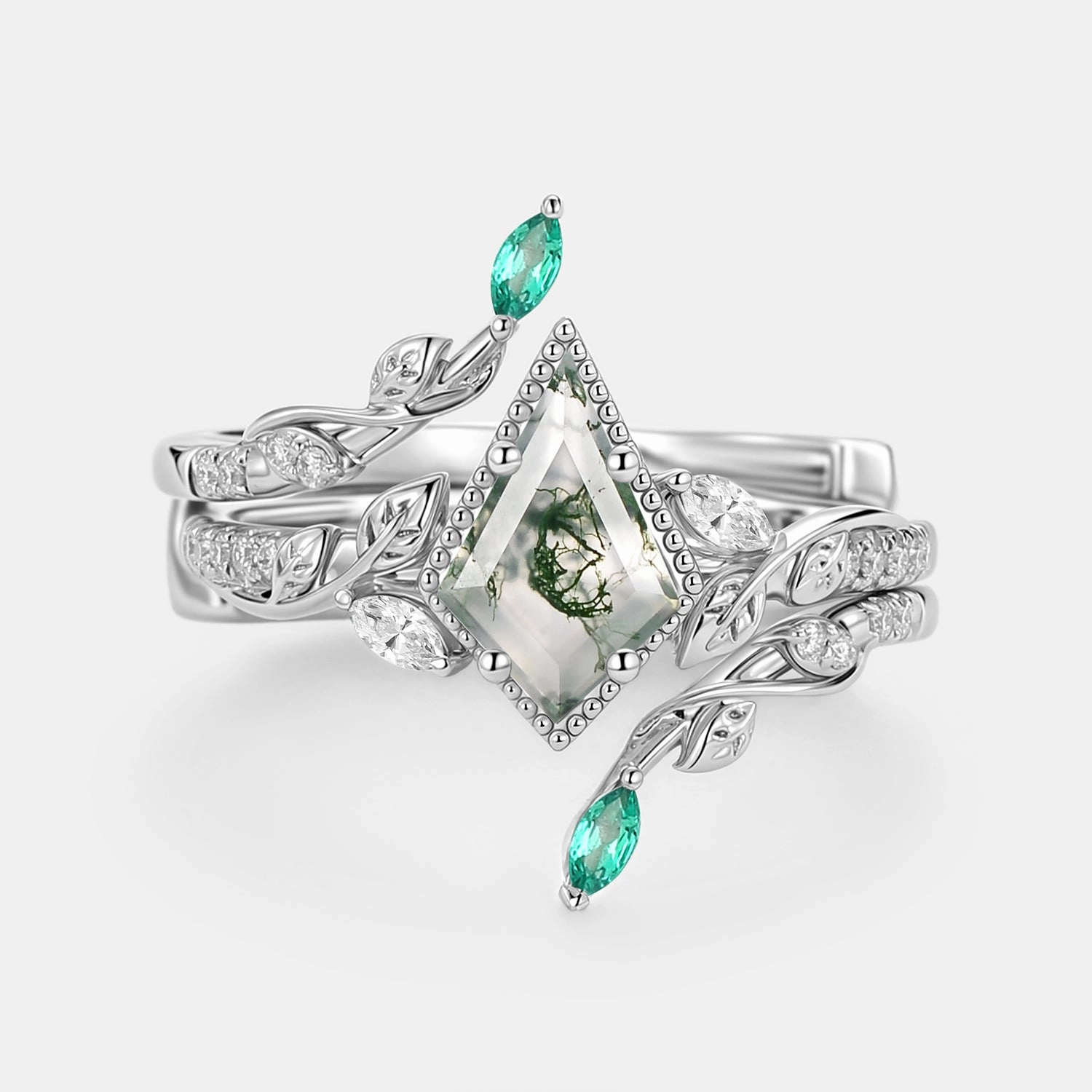 Sparkling Accent Leafy Vintage Kite Cut Moss Agate Cage Engagement Ring Set 2pcs - Breeze