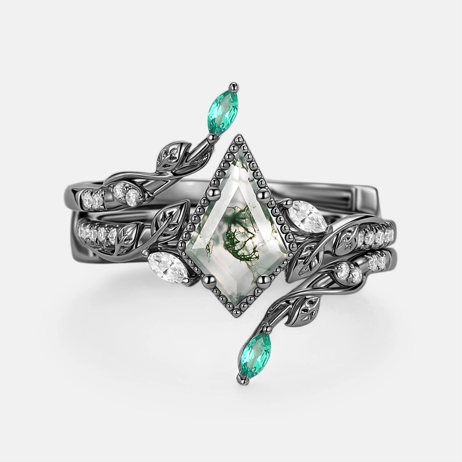Natural Elements Leafy Vintage Kite Cut Moss Agate Cage Engagement Ring Set 2pcs - Breeze
