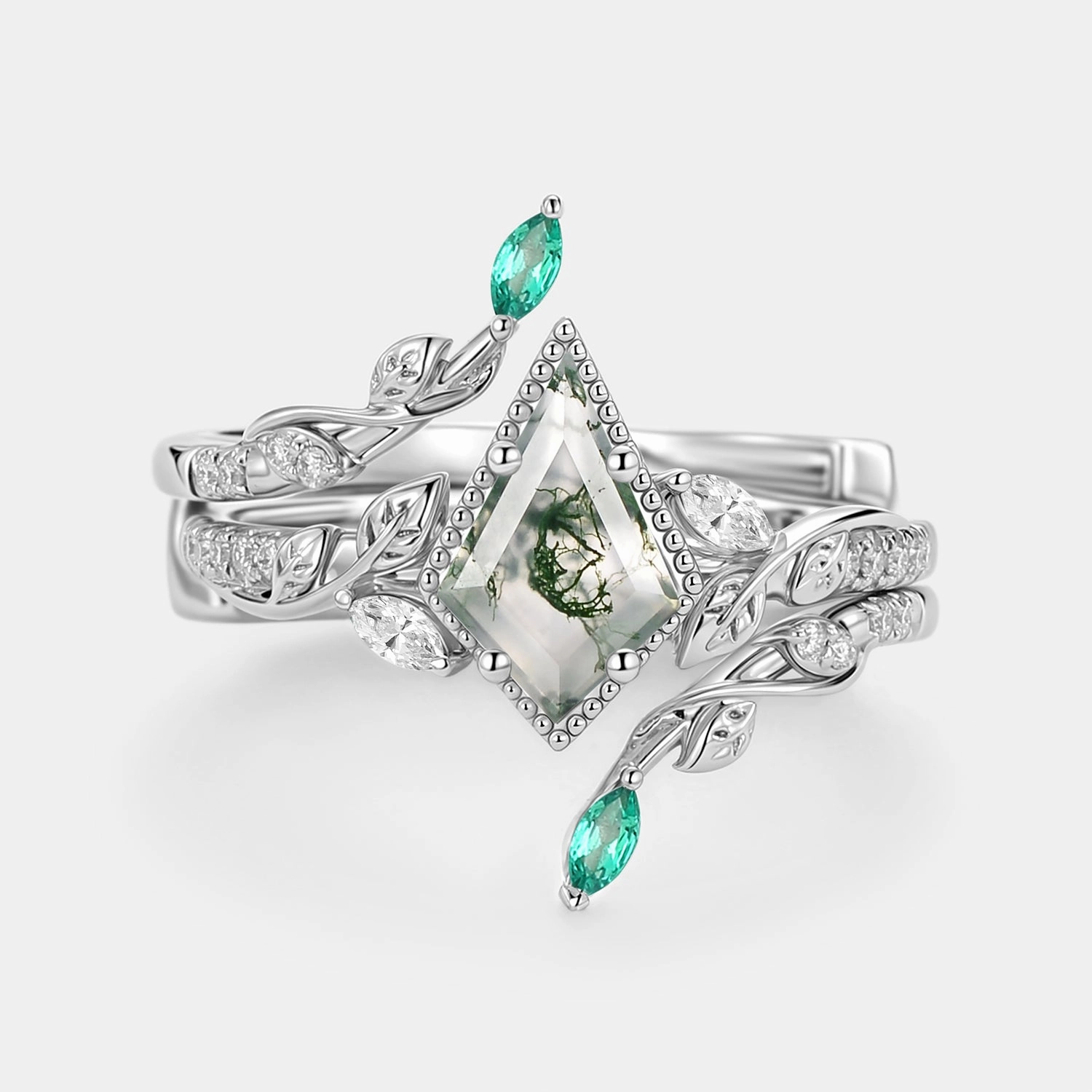 Leafy Vintage Kite Cut Moss Agate Cage Engagement Ring Set 2pcs - Breeze Casual Detail Distinctive Craft
