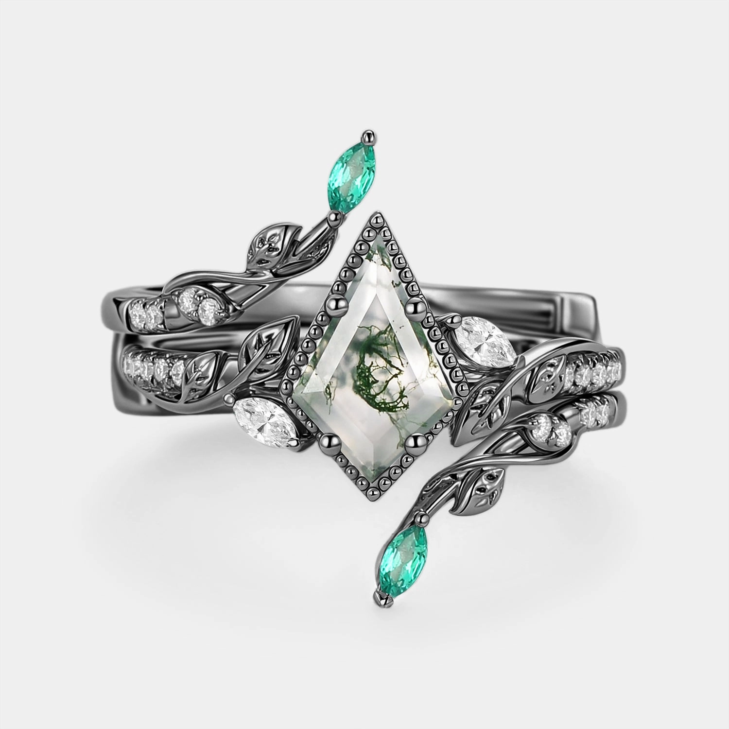 Leafy Vintage Kite Cut Moss Agate Cage Engagement Ring Set 2pcs - Breeze Exclusive Appeal