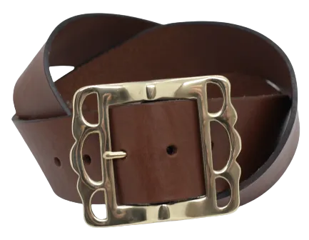 Leather Belt Brass Pirate Buckle 2 Inch