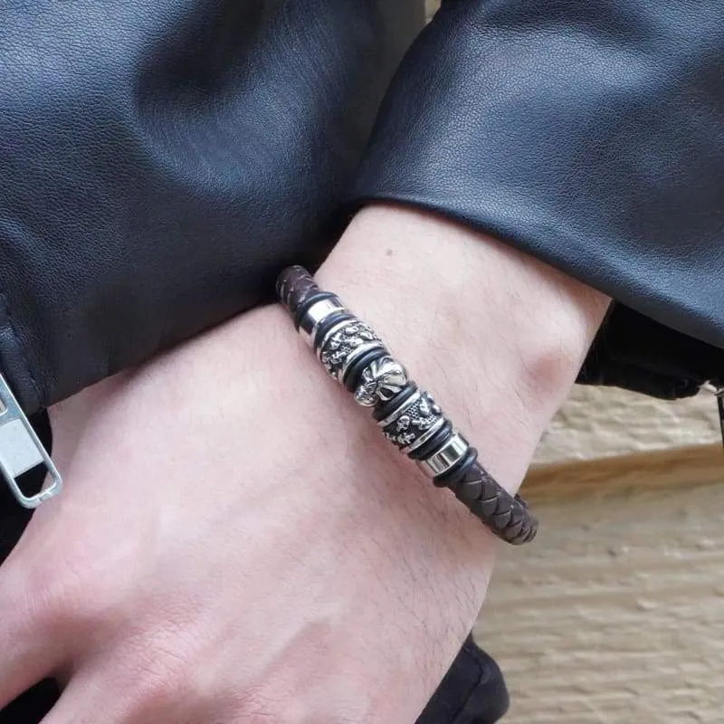 Leather Bracelet for Men  Blue Black Brown Stainless Steel Safety Magnetic Clasp Buckle. Top Grain Leather Casual Cuff  Wristbands. Great Gift for Father's Day (Brown Leather with Skull)