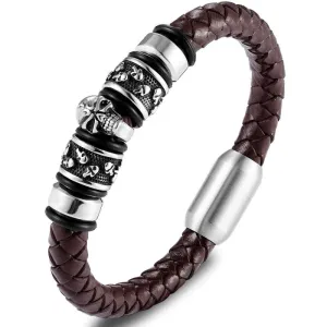 Leather Bracelet for Men  Blue Black Brown Stainless Steel Safety Magnetic Clasp Buckle. Top Grain Leather Casual Cuff  Wristbands. Great Gift for Father's Day (Brown Leather with Skull)
