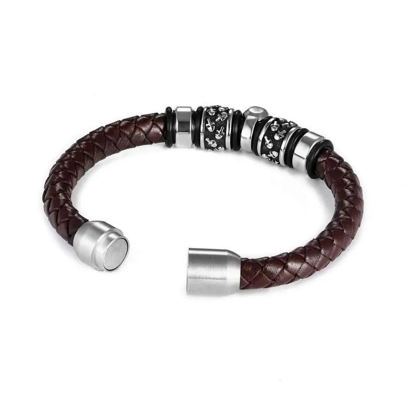 Leather Bracelet for Men  Blue Black Brown Stainless Steel Safety Magnetic Clasp Buckle. Top Grain Leather Casual Cuff  Wristbands. Great Gift for Father's Day (Brown Leather with Skull)