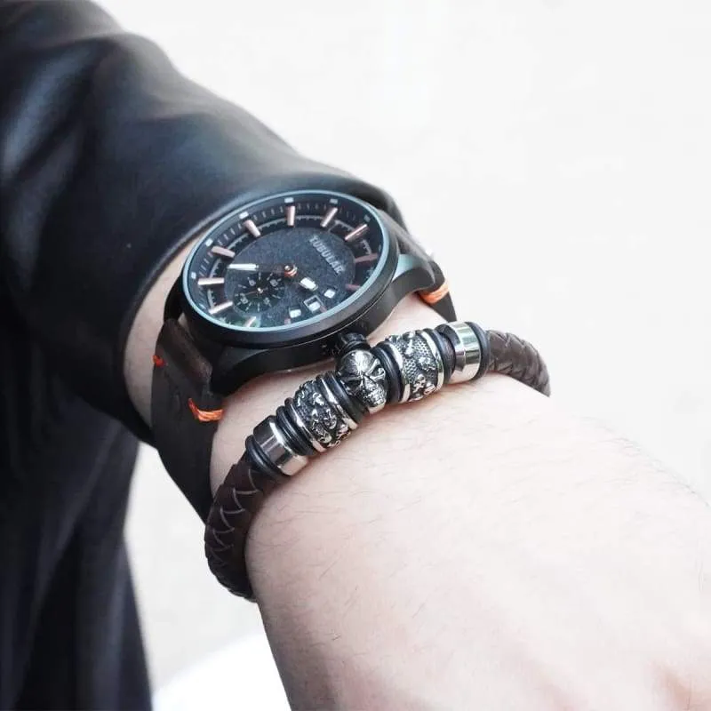 Leather Bracelet for Men  Blue Black Brown Stainless Steel Safety Magnetic Clasp Buckle. Top Grain Leather Casual Cuff  Wristbands. Great Gift for Father's Day (Brown Leather with Skull)