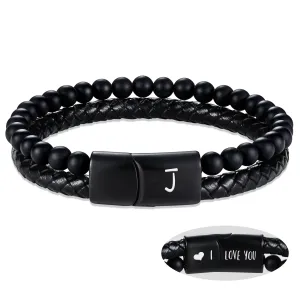 Leather Bracelet for Men Initial J Layered Black Beaded Bracelets I Love You Gifts for Him
