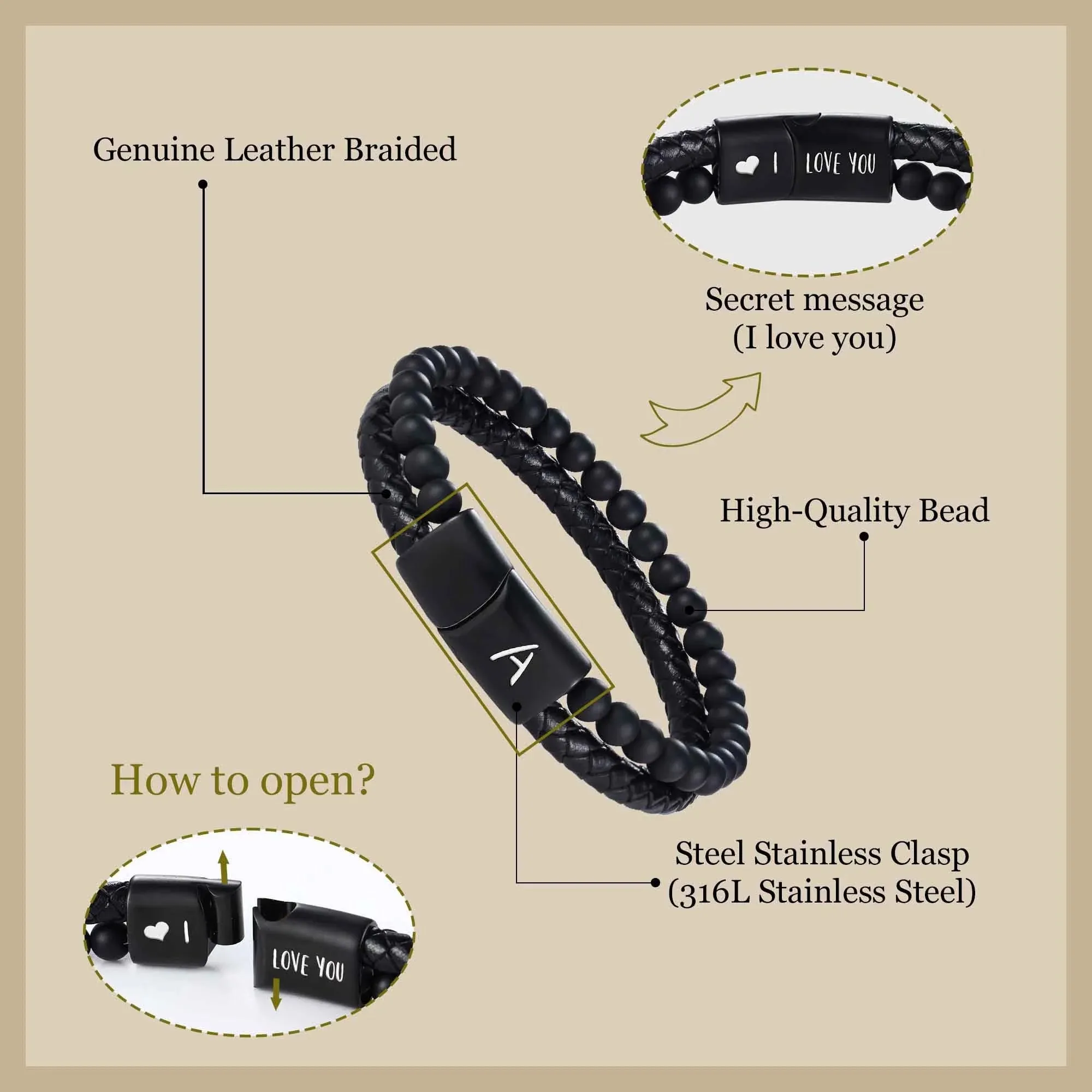 Leather Bracelet for Men Initial J Layered Black Beaded Bracelets I Love You Gifts for Him