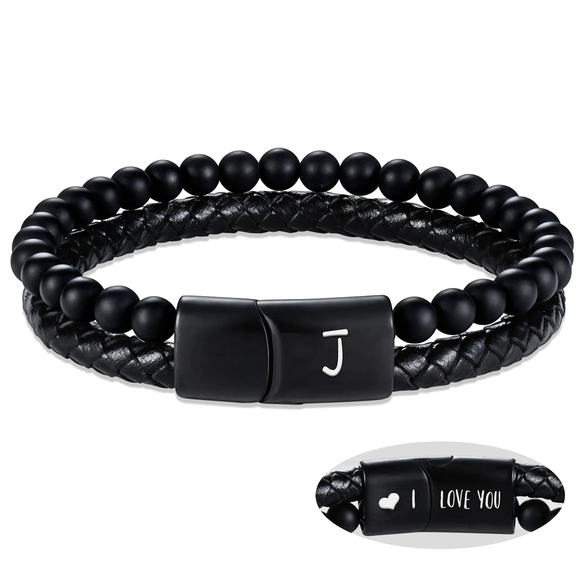 Leather Bracelet for Men Initial J Layered Black Beaded Bracelets I Love You Gifts for Him