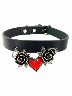 Leather Choker With Metal Heart And Roses