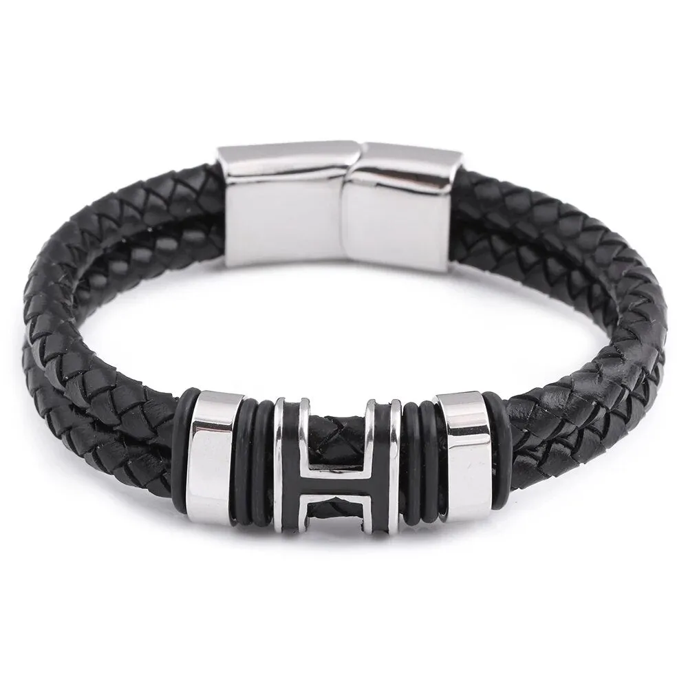 Leather Masonic Freemason Bracelet Braided Magnet Bangle