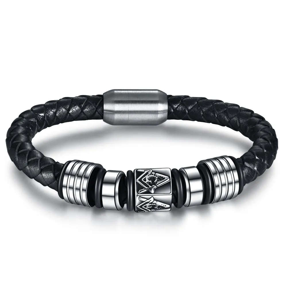 Leather Masonic Freemason Bracelet Braided Magnet Bangle